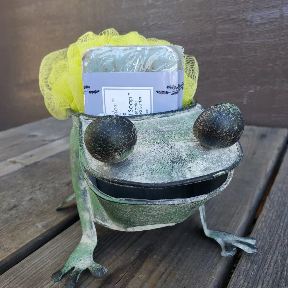 Distressed Green Metal Frog Bath Storage / Planter, Home Decor
